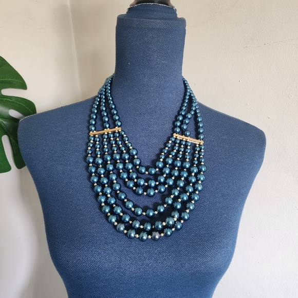 Blue Multi Strand Faux Pearl Necklace and Earrings Set - Picture 6 of 9